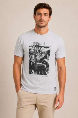 Erkek Gri Bisiklet Yaka Baskılı Tişört Kısa Kollu Günlük Basic T-Shirt
